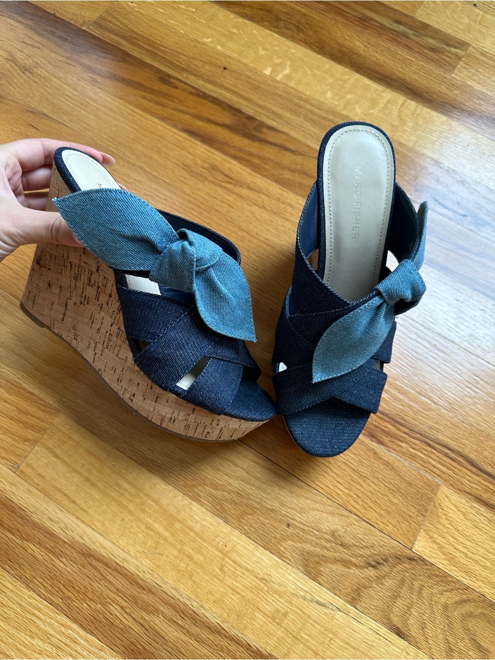 Marc Fisher Denim Knot Wedge Sandals in Blue